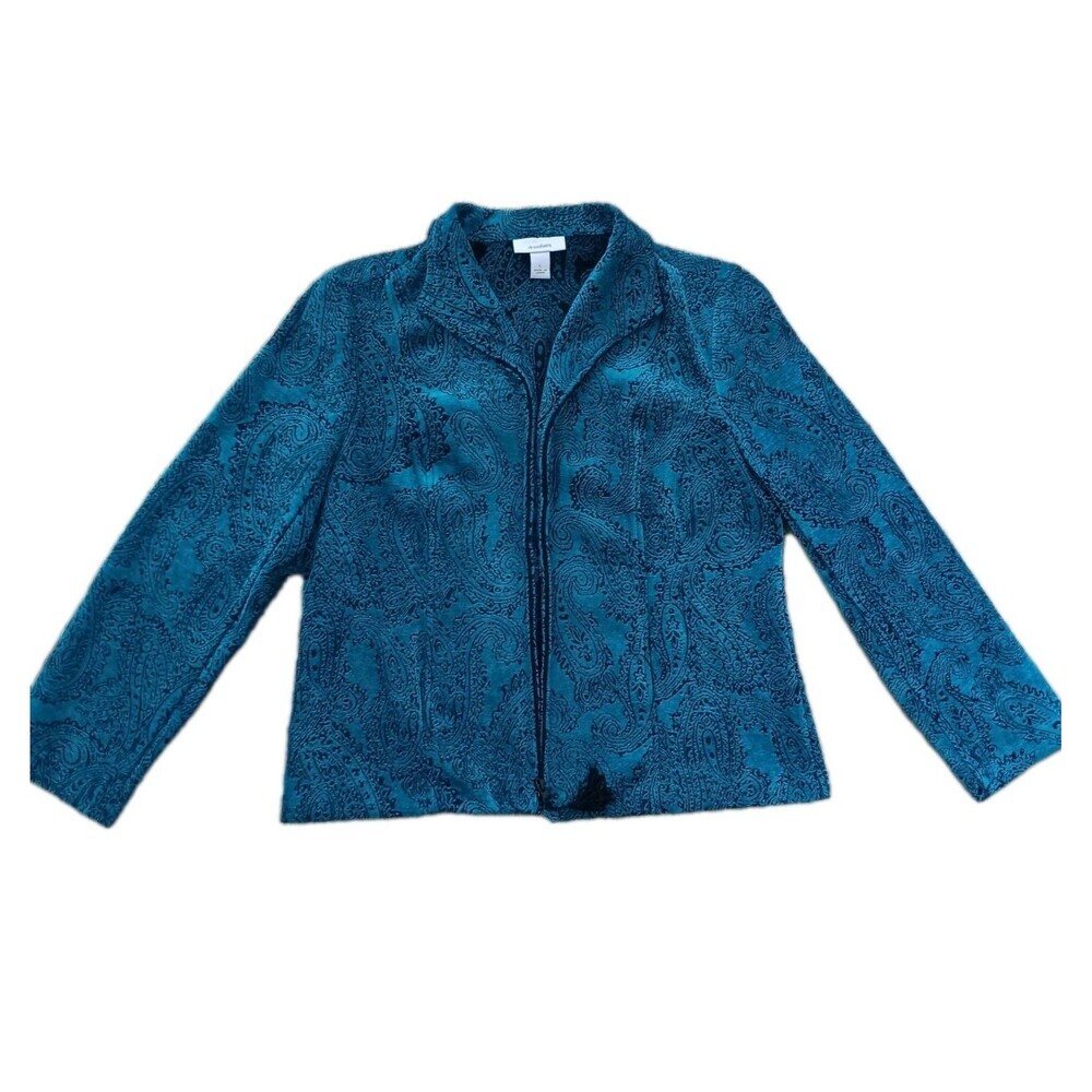 Dressbarn Zip Up Tassel Blazer Jacket Womens Large Blue Chenille Paisley Boho